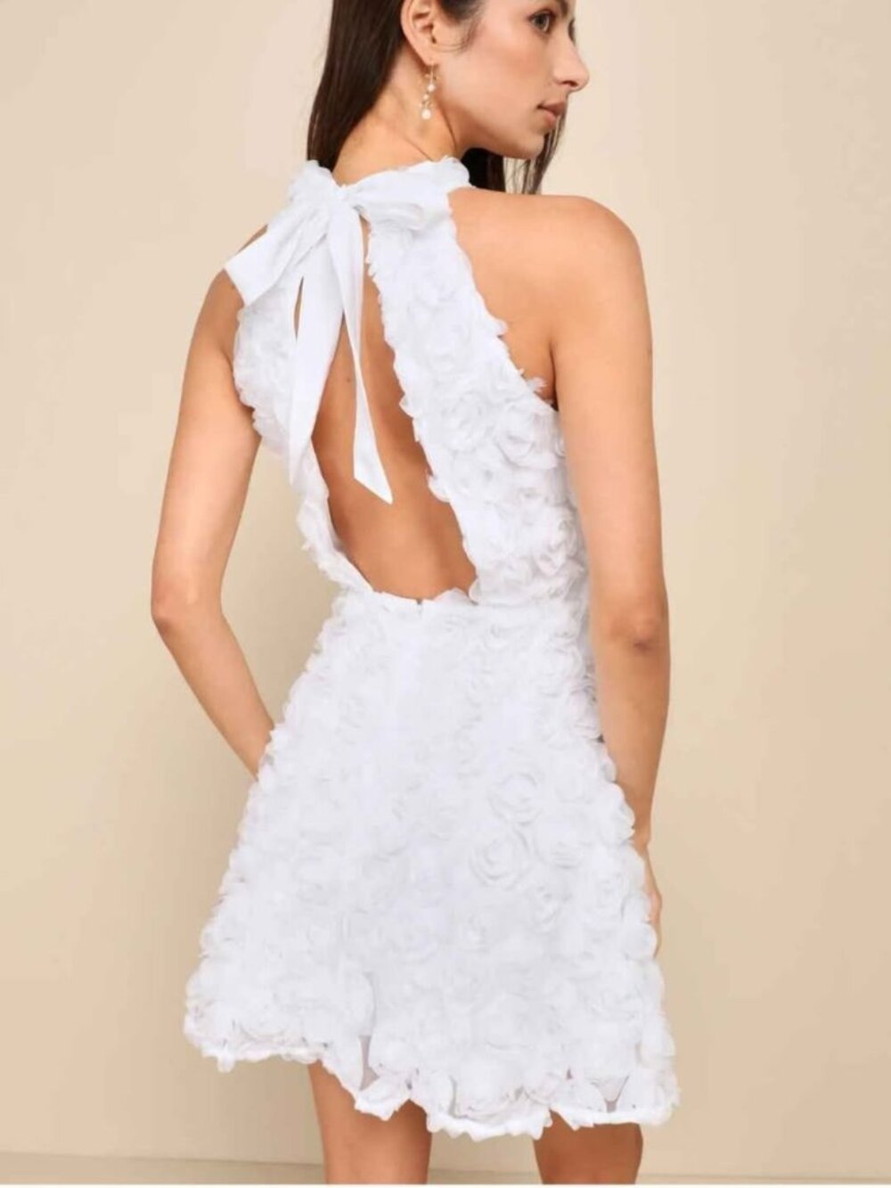 Lulus White 3D Floral Halter Backless Mini Dress Bridal Size XS